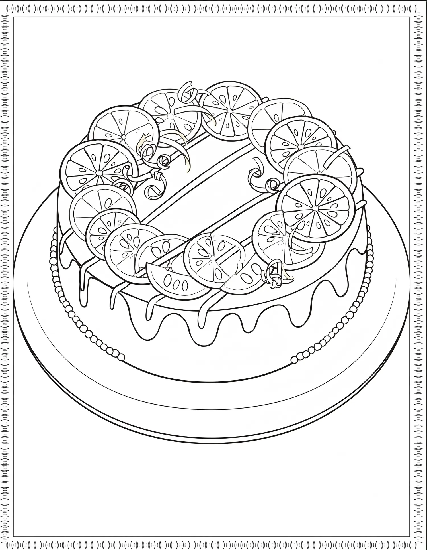 Gâteau aux Agrumes Décoré, Coloriage pâtisserie à imprimer gratuitement